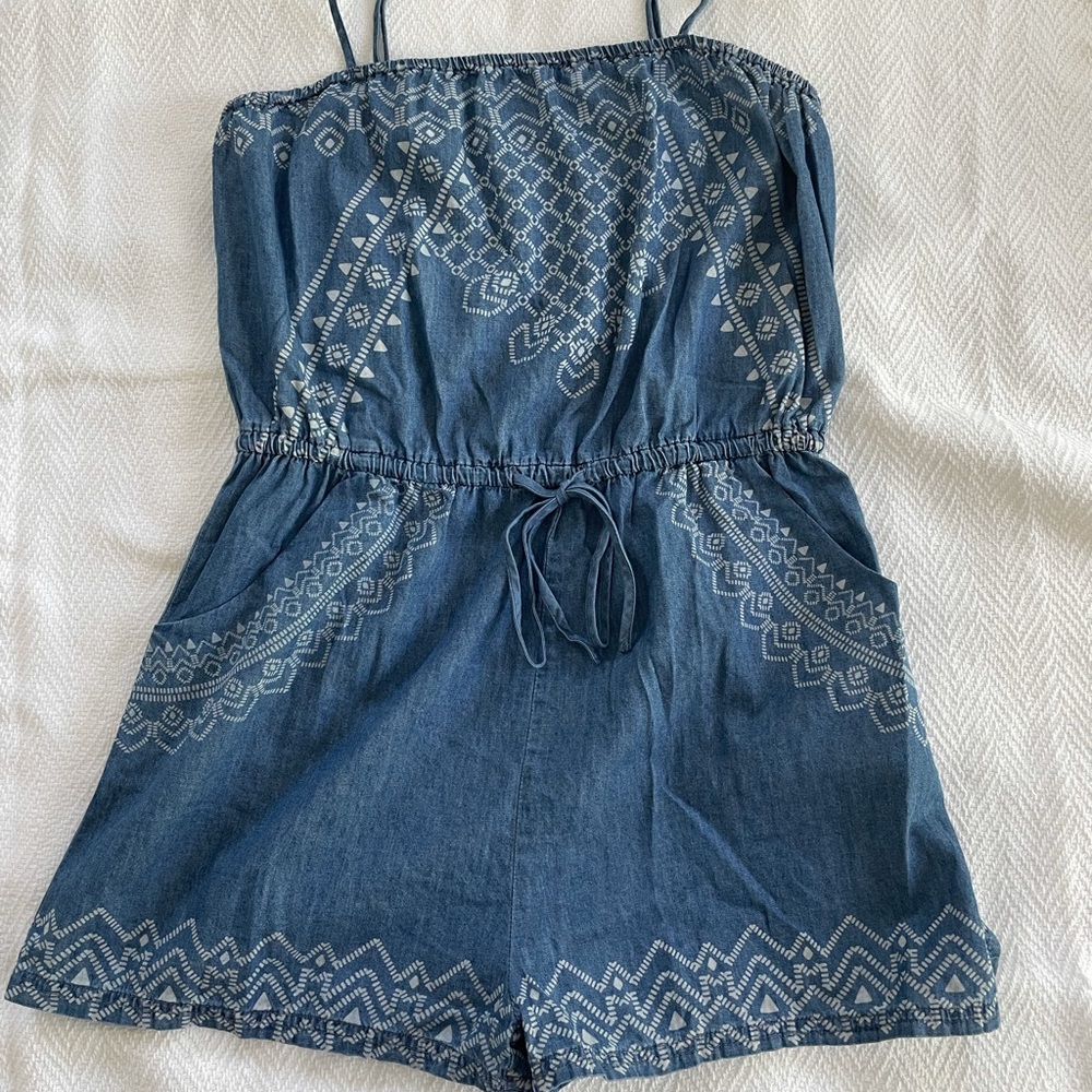 Jean Blue Patterned Romper w Pockets